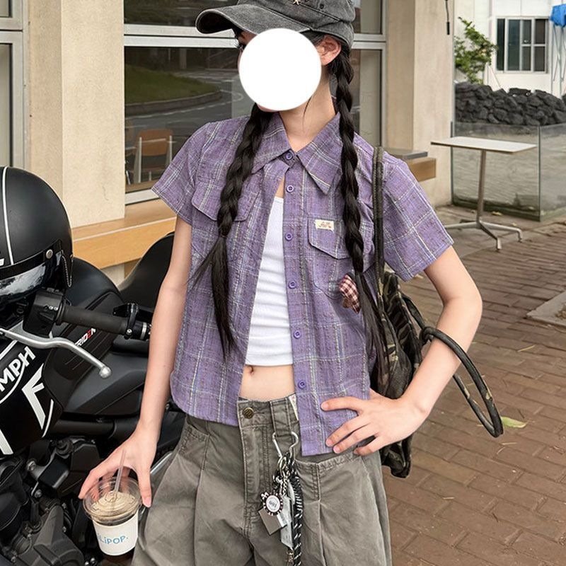 シャツ トップス 半袖 チェック柄 アニマル柄 春夏 カジュアル アメリカン レトロ 前開き ミニ 春 ショート 夏 ロング 切り替えデザイン オープンショルダー 襟付き ポケット フェミニン ボタン