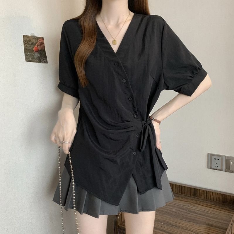 レディース シャツ トップス Tシャツ 半袖 無地 スリム 春夏 きれいめ 通勤 大きいサイズ 前開き Vネック 春 夏 シンプル リボン 個性的 レギュラー ボタン ポリエステル