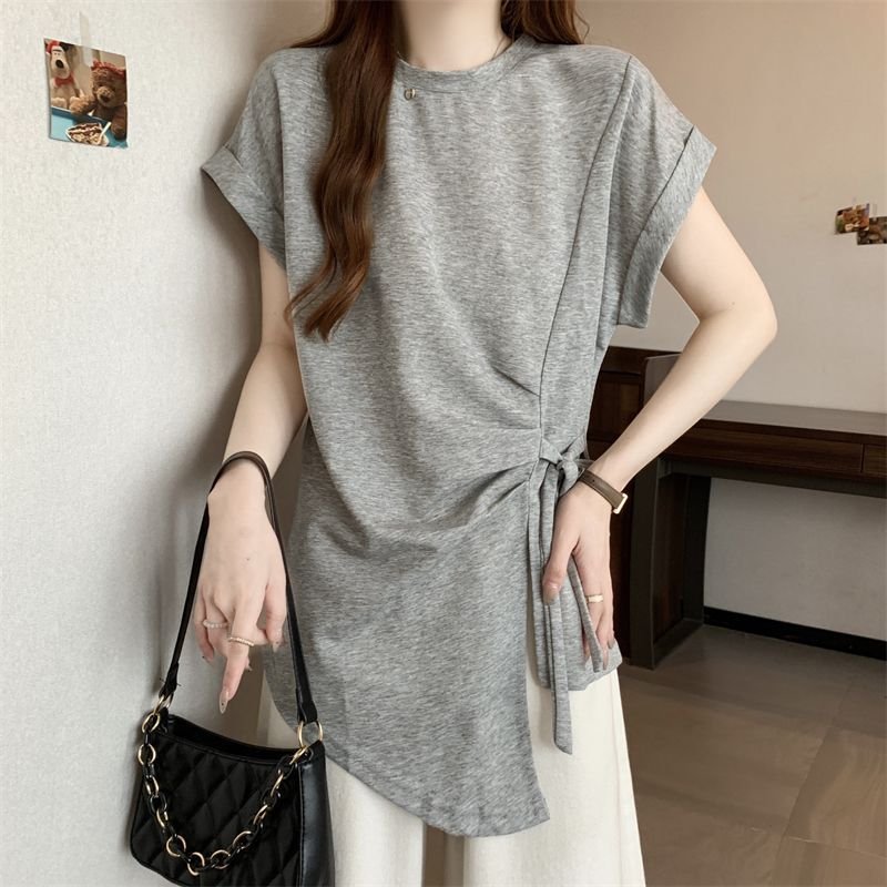Tシャツ 半袖 ゆったり 春夏 カジュアル 春 夏 ラウンドネック レース ミモレ シャツ タイ レースアップ