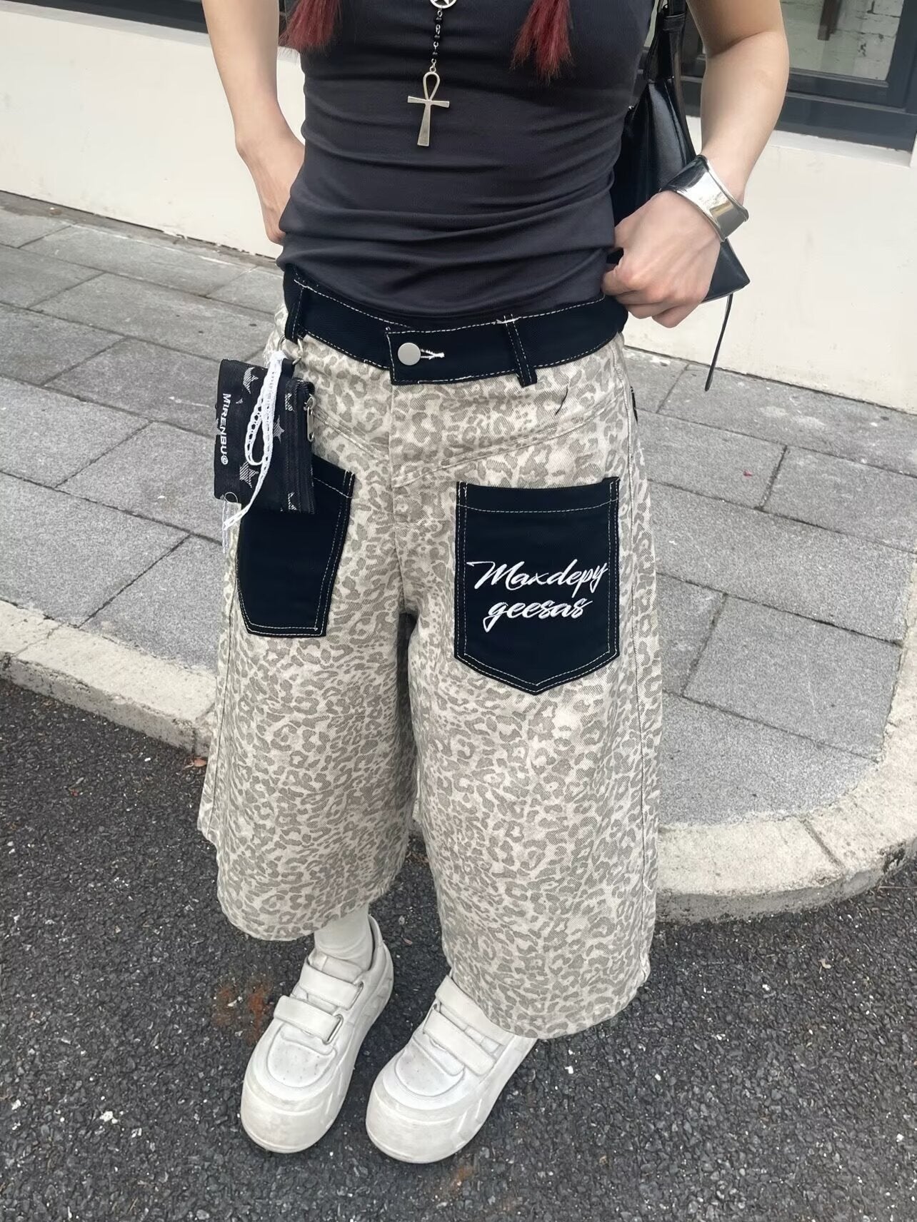 レディース パンツ ワイド コットン 綿 デニム 春夏 カジュアル アメリカン レトロ 春 ショート 夏 男女兼用 ショートパンツ 7分丈 ヒョウ柄 ポケット ハイウエスト ストリート ストレッチ