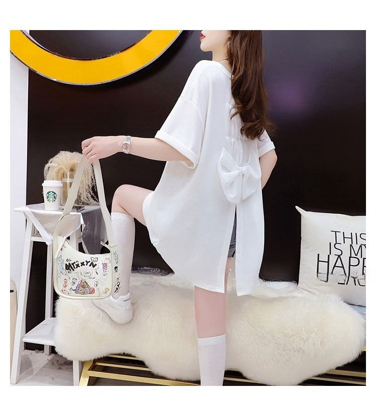 レディース トップス Tシャツ 半袖 ゆったり 春夏 カジュアル 大きいサイズ 春 夏 ラウンドネック ミモレ シャツ 丸襟 蝶