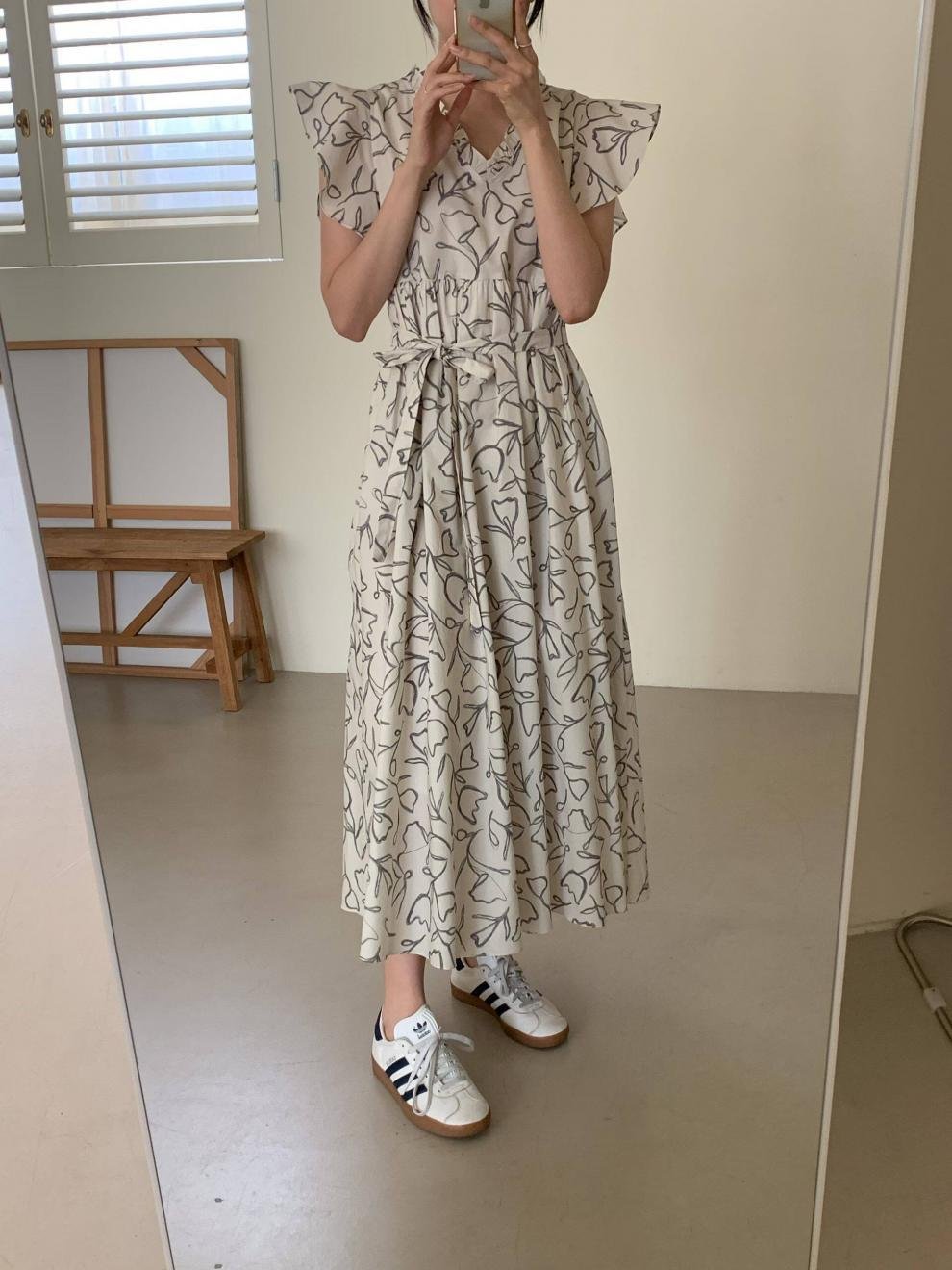 ワンピース 長袖 花柄 スリム 秋 冬 きれいめ 体型カバー 通勤 フラワー ロング フリル リボン ミディアム丈 ウエストリボン エレガント ハイウエスト