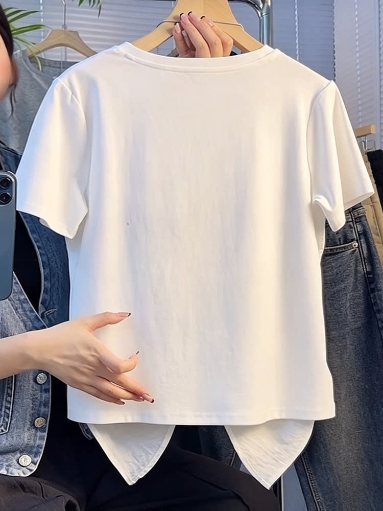 レディース Tシャツ 半袖 ゆったり コットン 綿 春夏 カジュアル 体型カバー 春 夏 ラウンドネック シャツ 切り替えデザイン レイヤード タイ レギュラー