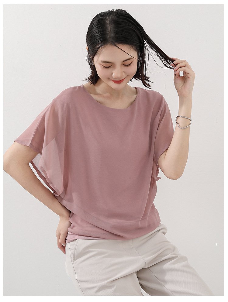 トップス Tシャツ 半袖 無地 ゆったり スリム 春夏 きれいめ 通勤 体型カバー 春 夏 ラウンドネック 上品 シフォン シャツ 薄手 丸襟 レギュラー ポリエステル