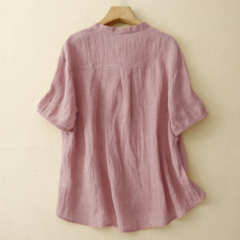 レディース シャツ トップス Tシャツ 半袖 無地 ゆったり コットン 綿 麻 春夏 カジュアル レトロ 前開き 春 夏 シンプル 切り替えデザイン 都会的 レギュラー