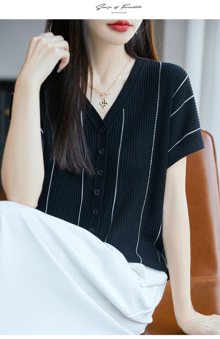 レディース Tシャツ カーディガン 半袖 ボーダー ストライプ チェック柄 ゆったり 春夏 カジュアル きれいめ Vネック 春 夏 膝丈 上品 シャツ ポリエステル