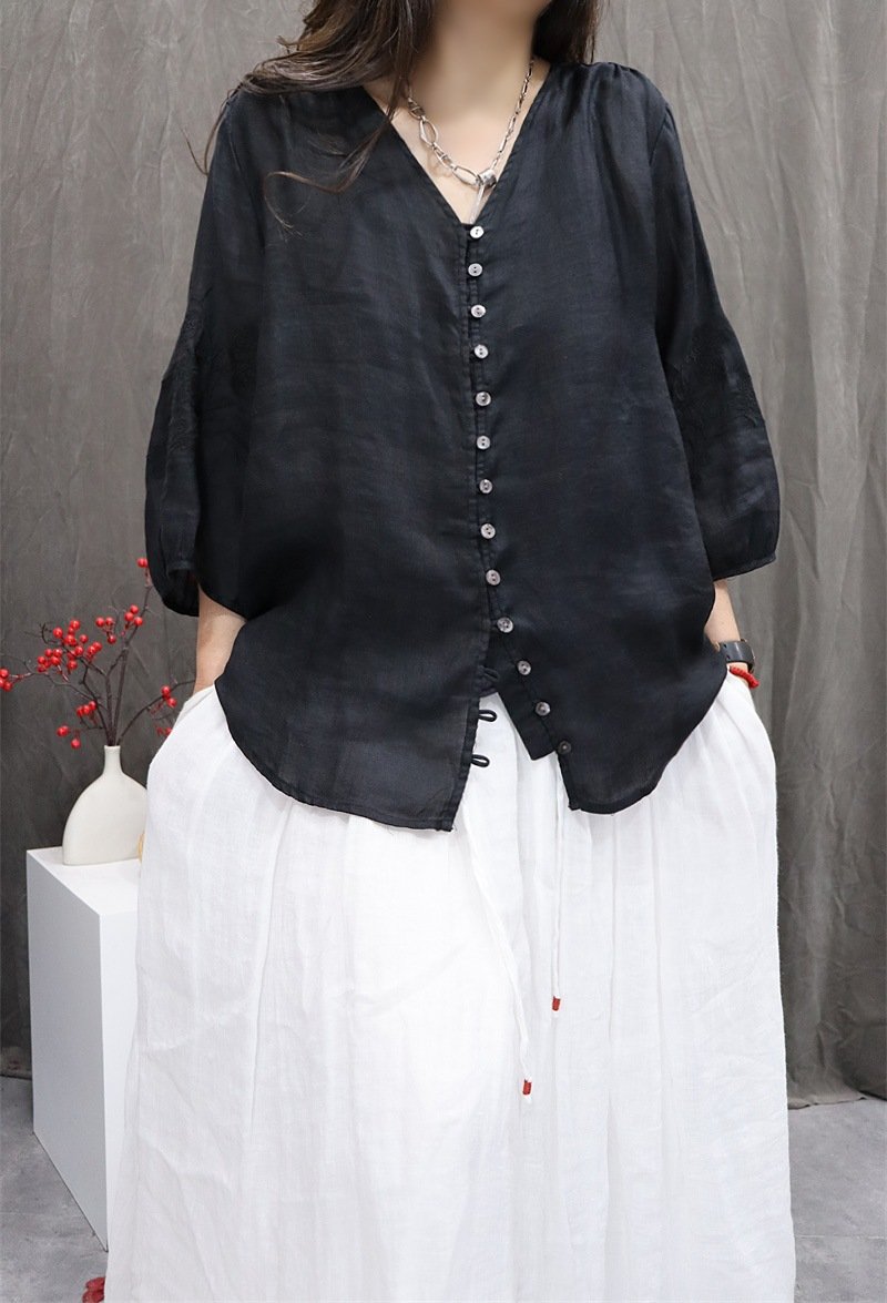 シャツ カーディガン 無地 ゆったり ワイド 麻 春夏 カジュアル レトロ 体型カバー 前開き Vネック 春 夏 シンプル 刺繍 レギュラー ボタン
