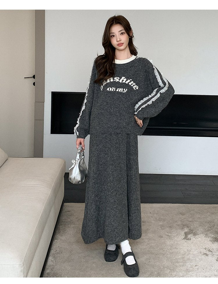 レディース 長袖 秋冬 秋 カジュアル レース 冬 マタニティ グレー 厚手 ベージュ スーツ パール セットアップ 丸首