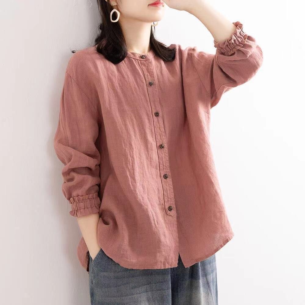 レディース シャツ ジャケット ゆったり コットン 綿 春 秋 カジュアル レトロ 体型カバー 春夏 前開き 膝丈 ラウンドネック