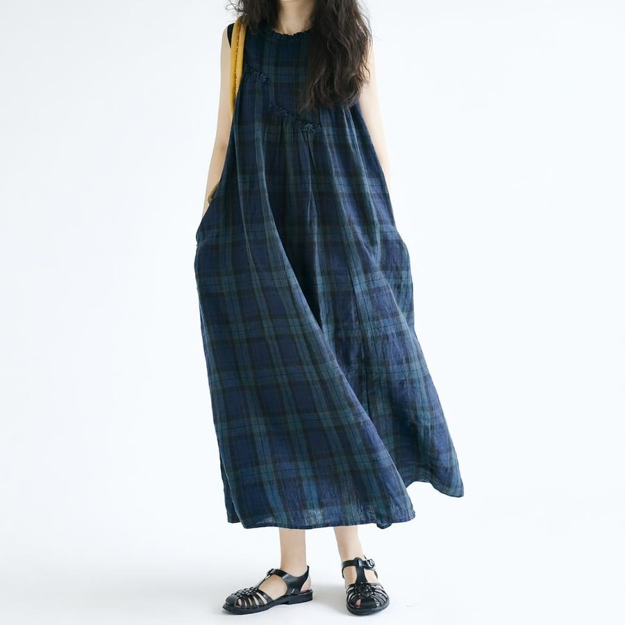 ワンピース ノースリーブ チェック柄 春夏 袖なし 春 夏 ラウンドネック 大きい コットン