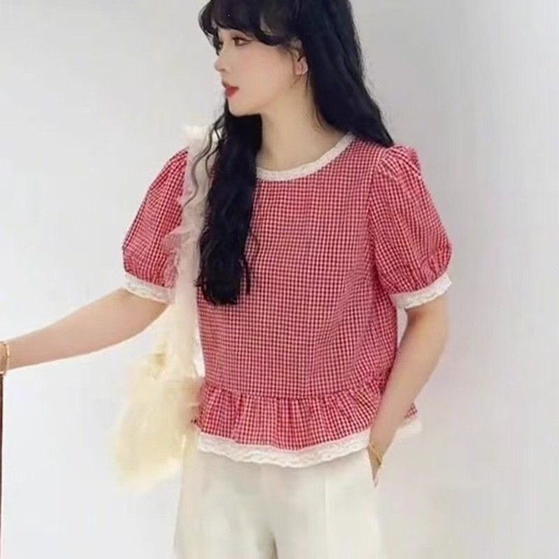 レディース シャツ トップス 半袖 チェック柄 花柄 春夏 きれいめ おしゃれ 前開き Vネック 春 夏 レース 上品 プルオーバー