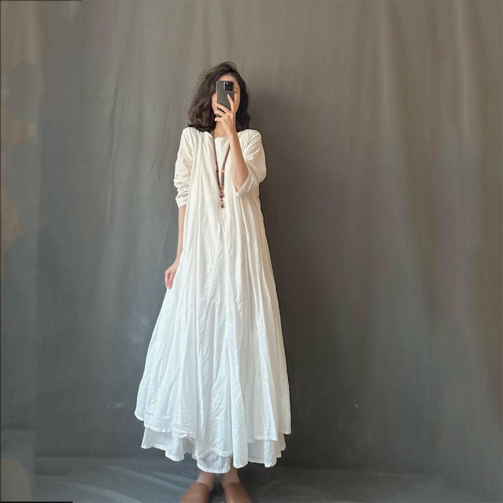 ワンピース 長袖 春夏 カジュアル 体型カバー ミニ 春 夏 ラウンドネック シンプル ロング 薄手 切り替えデザイン