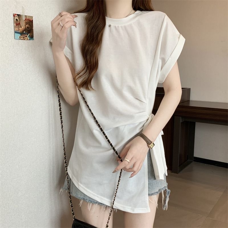 Tシャツ 半袖 ゆったり 春夏 カジュアル 春 夏 ラウンドネック レース ミモレ シャツ タイ レースアップ