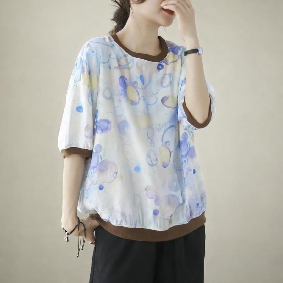 Tシャツ 半袖 プリント 麻 夏 レトロ 春夏 ラウンドネック シャツ レギュラー