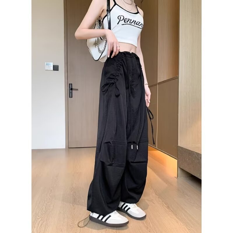 レディース パンツ ワイド カジュアル レトロ ストレート ワークパンツ 切り替えデザイン ストリート ポリエステル