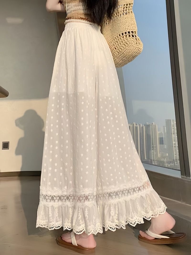 レディース パンツ ワイド スリム 春夏 カジュアル 春 白 夏 レース 刺繍 ストレート ワイドパンツ 薄手 切り替えデザイン ハイウエスト ポリエステル