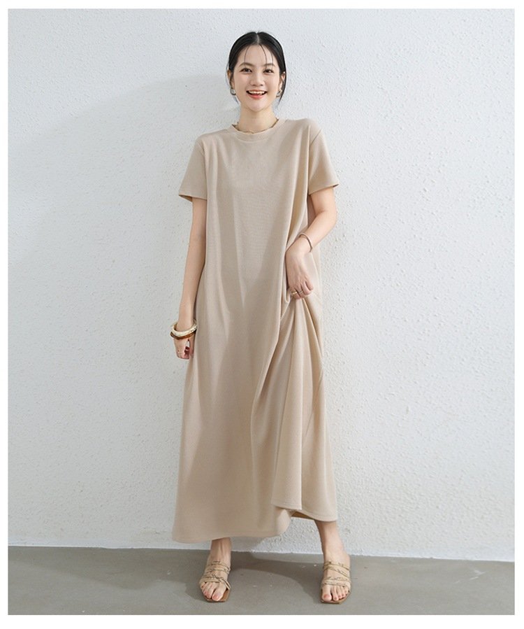 ワンピース 半袖 春夏 春 夏 ラウンドネック ロング Aライン ポリエステル