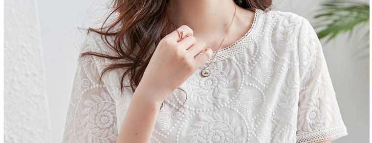 レディース シャツ 半袖 無地 ゆったり 春夏 きれいめ 前開き 春 夏 ホワイト ラウンドネック レース シンプル 刺繍 上品 シフォン レギュラー ポリエステル