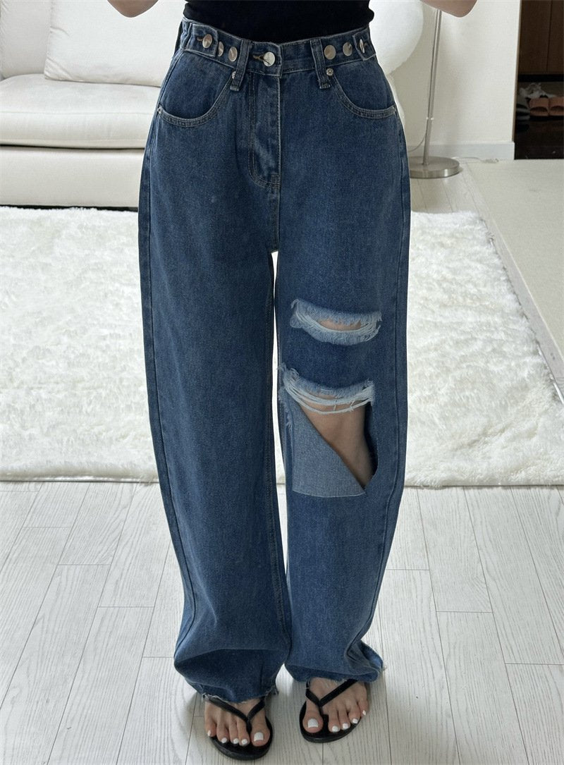 レディース パンツ ワイド コットン 綿 デニム 春夏 きれいめ 通勤 春 夏 ロング ストレート デニムパンツ ハイウエスト ヴィンテージ 都会的 ダメージ ウォッシュ