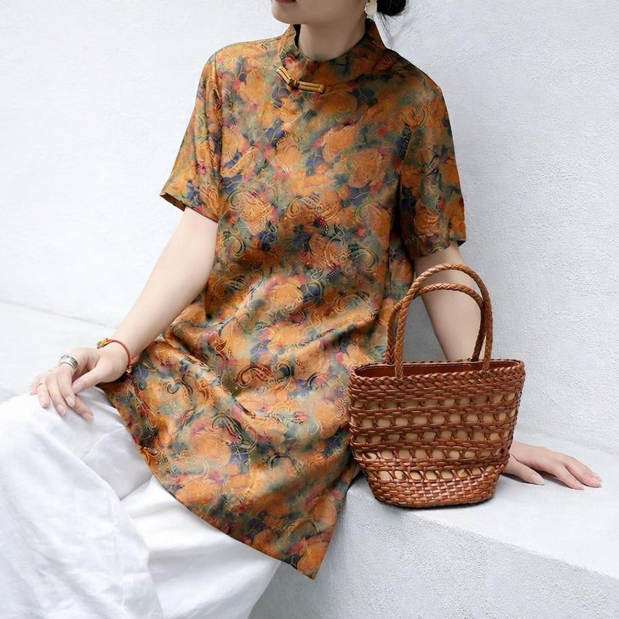 シャツ 半袖 春夏 きれいめ 前開き 春 夏 膝丈 上品 スリット スタンドカラー スーツ ポリエステル