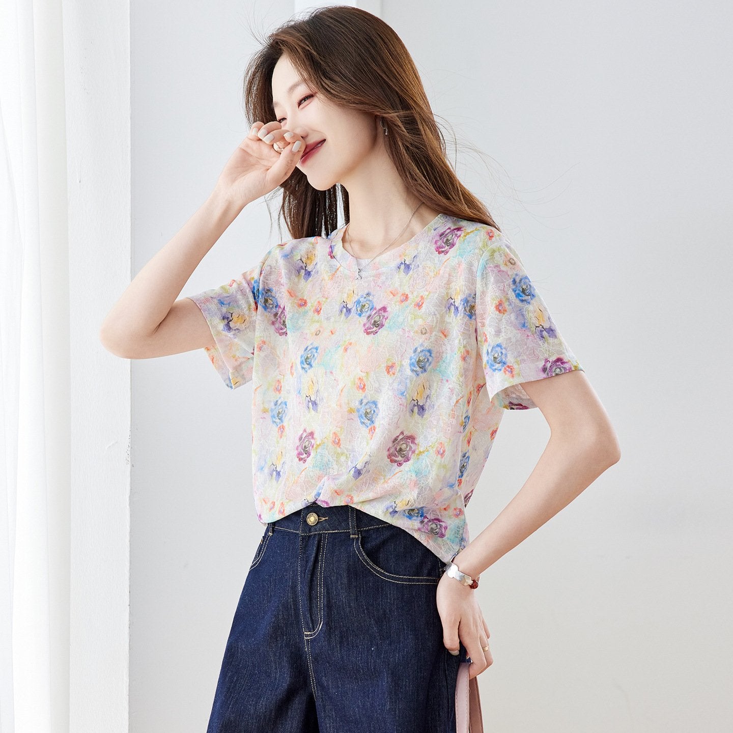 レディース トップス Tシャツ 半袖 花柄 ゆったり スリム 春夏 きれいめ おしゃれ 春 夏 膝丈 ラウンドネック 上品 クルーネック シャツ ラフ