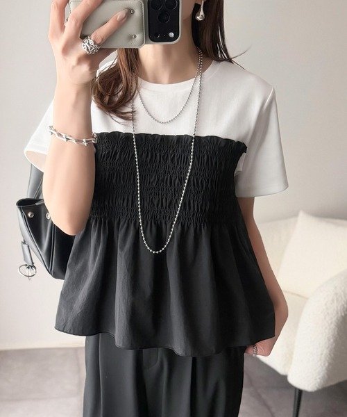 トップス Tシャツ ニット 半袖 春夏 きれいめ 通勤 春 ショート 夏 韓国ファッション シャツ 切り替えデザイン 都会的