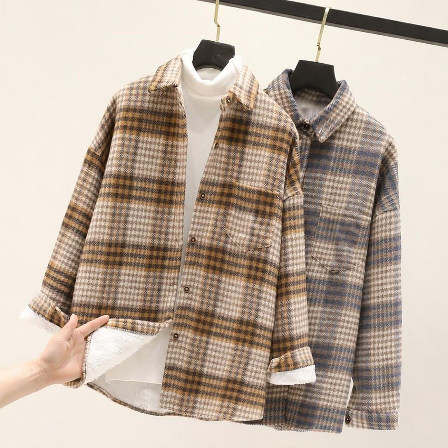 レディース シャツ コート 長袖 チェック柄 ゆったり 秋冬 秋 きれいめ 通勤 体型カバー 前開き 冬 ウール 厚手 裏起毛 襟付き タイ ポリエステル