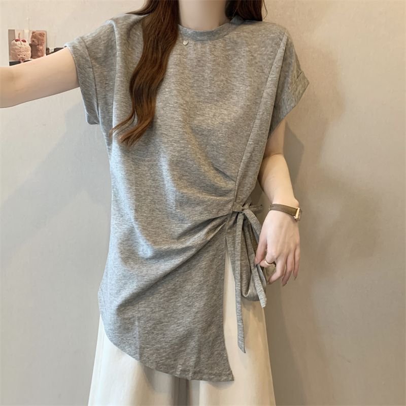 Tシャツ 半袖 ゆったり 春夏 カジュアル 春 夏 ラウンドネック レース ミモレ シャツ タイ レースアップ