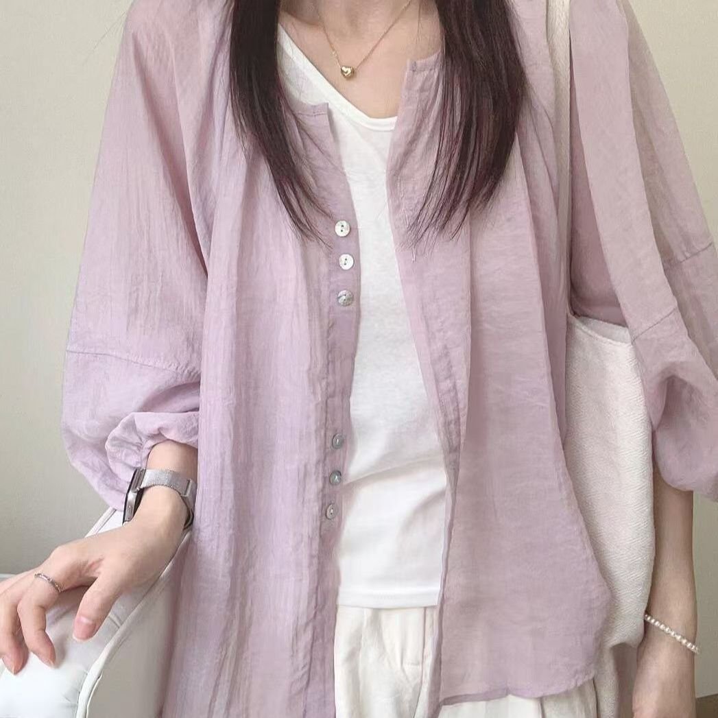 レディース シャツ カーディガン 長袖 ゆったり 春夏 カジュアル 通勤 体型カバー 重ね着 前開き 春 夏 ラウンドネック コーデ シフォン レギュラー ポリエステル UVカット
