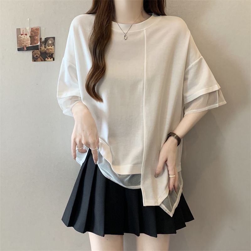 レディース Tシャツ 半袖 ゆったり 春夏 カジュアル 春 夏 ラウンドネック シャツ 切り替えデザイン ステッチ レギュラー