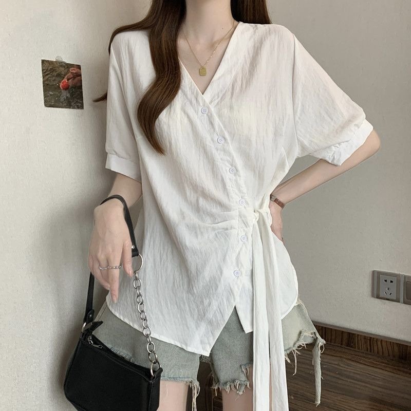 レディース シャツ トップス Tシャツ 半袖 無地 スリム 春夏 きれいめ 通勤 大きいサイズ 前開き Vネック 春 夏 シンプル リボン 個性的 レギュラー ボタン ポリエステル