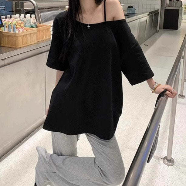 レディース トップス Tシャツ カットソー 半袖 ゆったり 夏 春夏 フレア パンツ ブラック グレー シャツ オフショルダー ハイウエスト タイ セットアップ