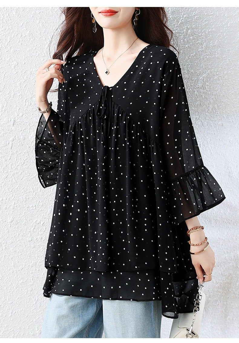 トップス ゆったり 春夏 カジュアル きれいめ 大きいサイズ Vネック 春 夏 上品 切り替えデザイン タイ レギュラー ドット