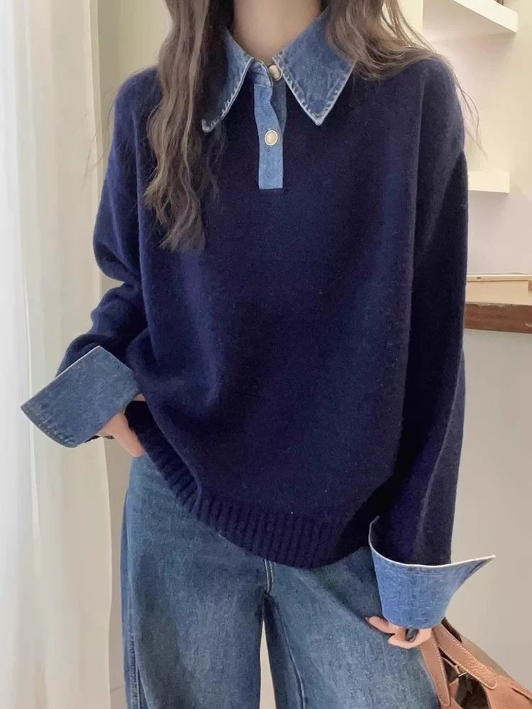 レディース トップス ニット 長袖 無地 ゆったり デニム 春夏 きれいめ 通勤 おしゃれ 春 夏 秋 シンプル 冬 セーター プルオーバー レイヤード 都会的 レギュラー 秋冬