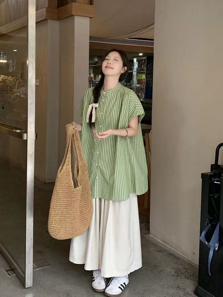 レディース シャツ トップス パンツ ボーダー ストライプ 無地 ゆったり 春夏 カジュアル きれいめ レトロ 前開き ミニ 春 夏 シンプル 上品 ロング 切り替えデザイン スーツ フェミニン タイ アプリコット セットアップ グリーン ポリエステル