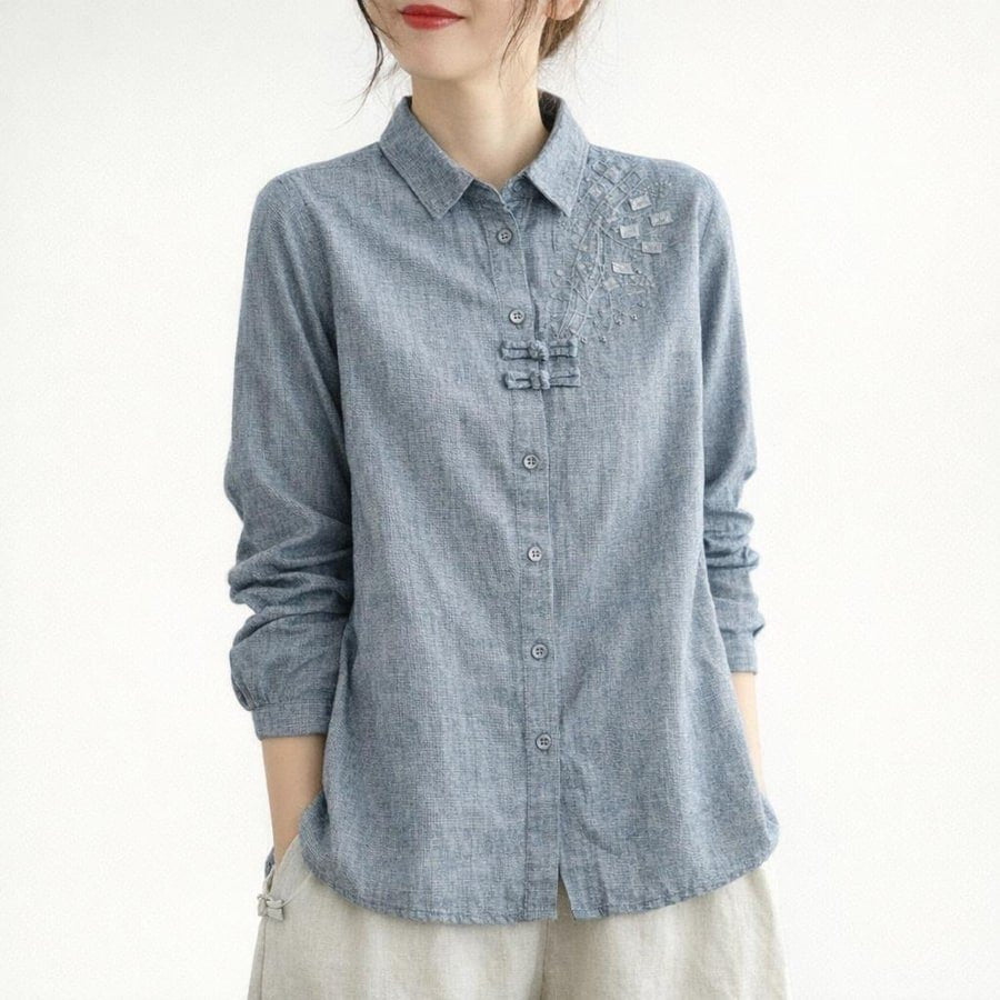 レディース ブラウス シャツ トップス 長袖 チェック柄 ゆったり コットン 綿 麻 春 レトロ 体型カバー 春夏 前開き 膝丈 刺繍 グレー エスニック ブルー チャイナ グレーブルー ボタン