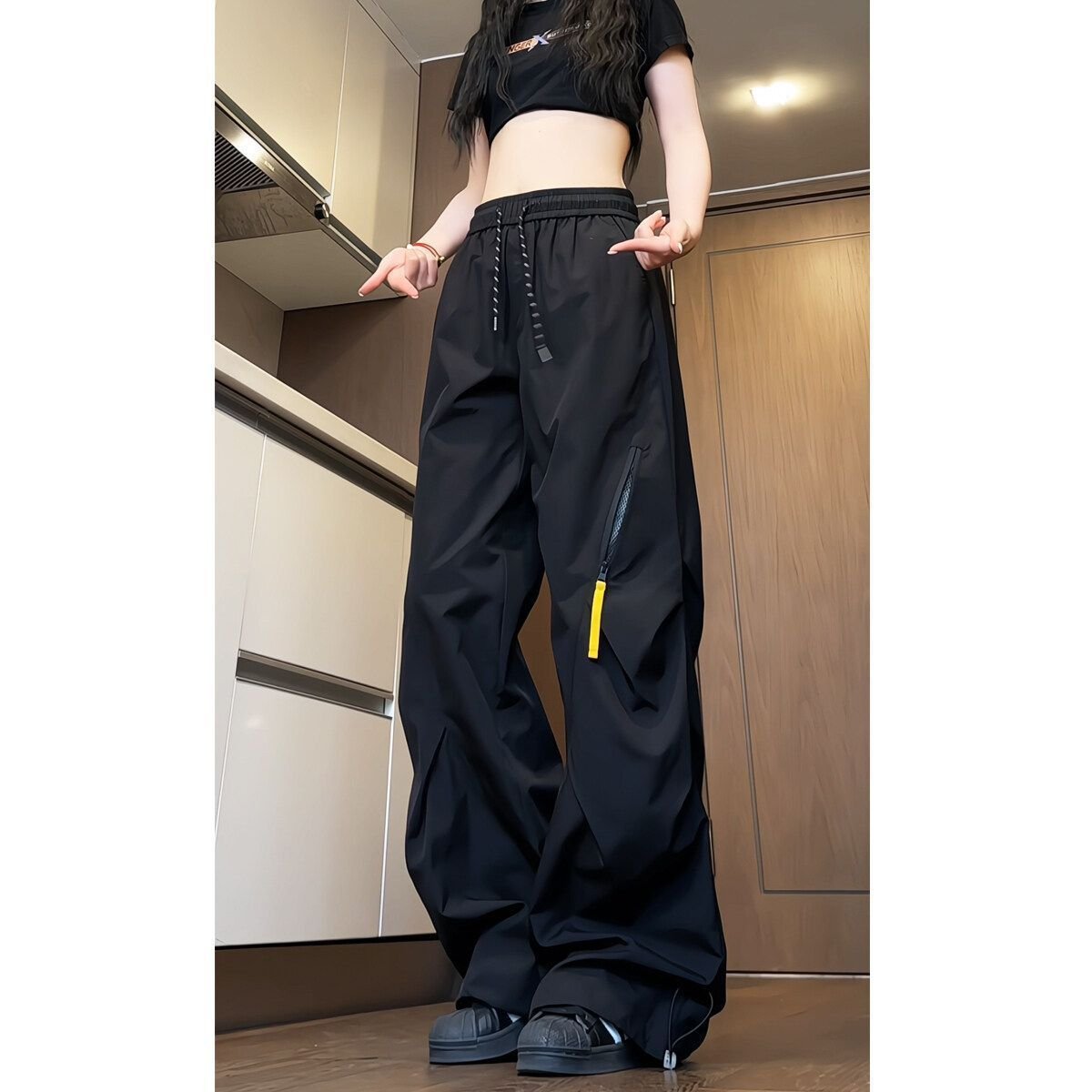 レディース パンツ 秋冬 秋 カジュアル アメリカン 冬 紫 ロング 薄手 切り替えデザイン ハイウエスト 速乾 ポリエステル