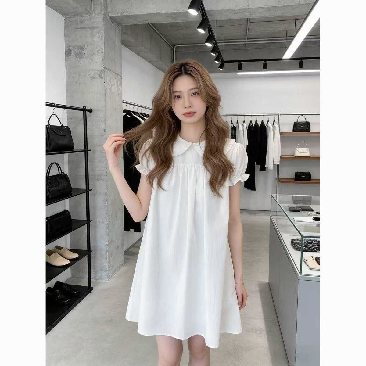 ワンピース 半袖 無地 スリム 春夏 体型カバー ミニ 春 ショート 夏 シンプル パフスリーブ ホワイト