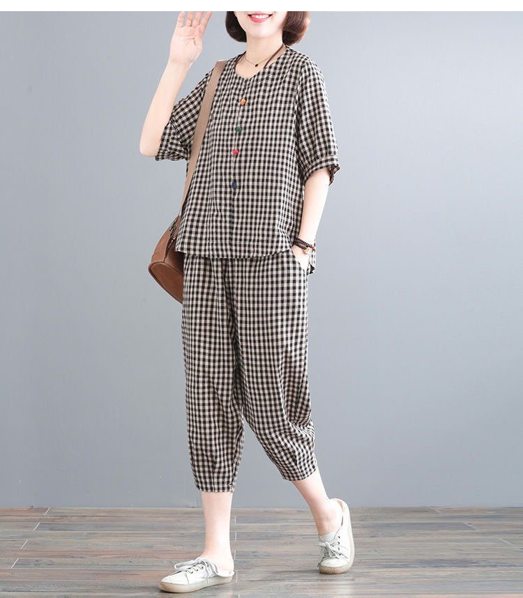 レディース パンツ チェック柄 コットン 綿 春夏 カジュアル レトロ 大きいサイズ ボトムス 春 夏 ブラック ミモレ パフスリーブ 9分丈 レッド スーツ ポリエステル