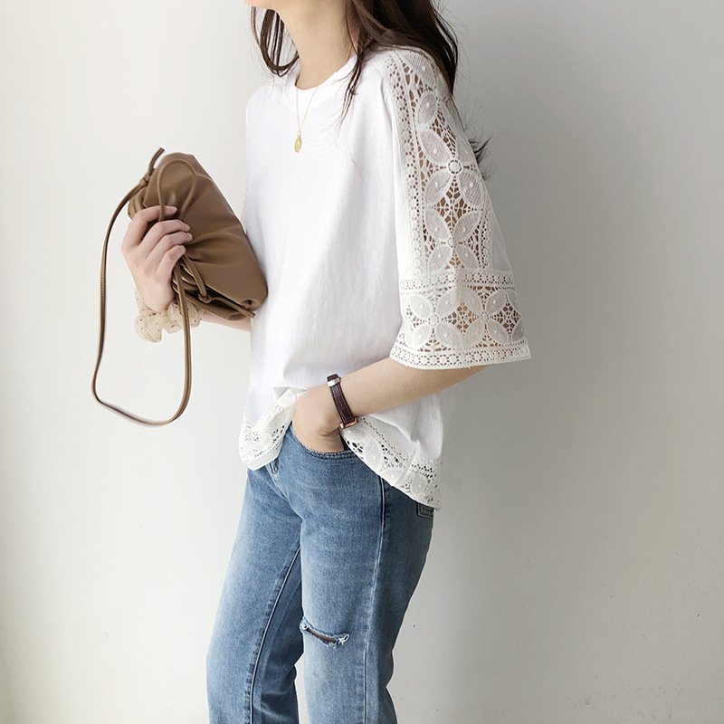 レディース トップス Tシャツ ボーダー ストライプ 無地 ゆったり コットン 綿 夏 秋冬 春夏 ホワイト ラウンドネック 秋 レース シンプル 冬 シャツ