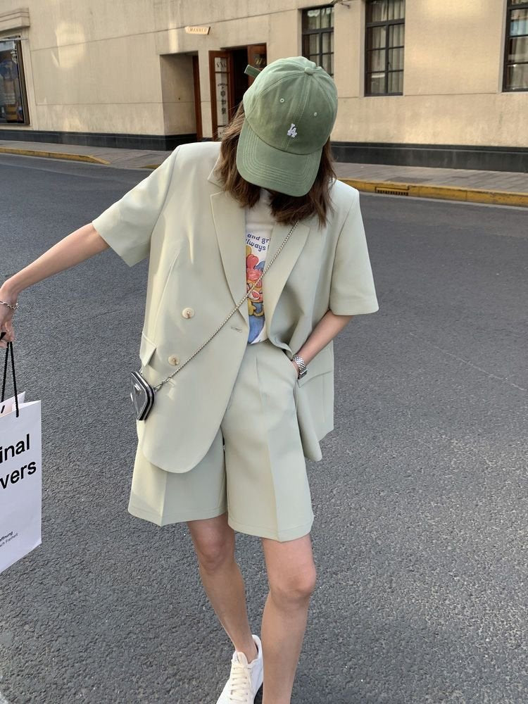 レディース パンツ ジャケット 半袖 無地 ゆったり 春夏 カジュアル きれいめ 春 ショート 夏 ショートパンツ シンプル 上品 薄手 スーツ セットアップ ポリエステル