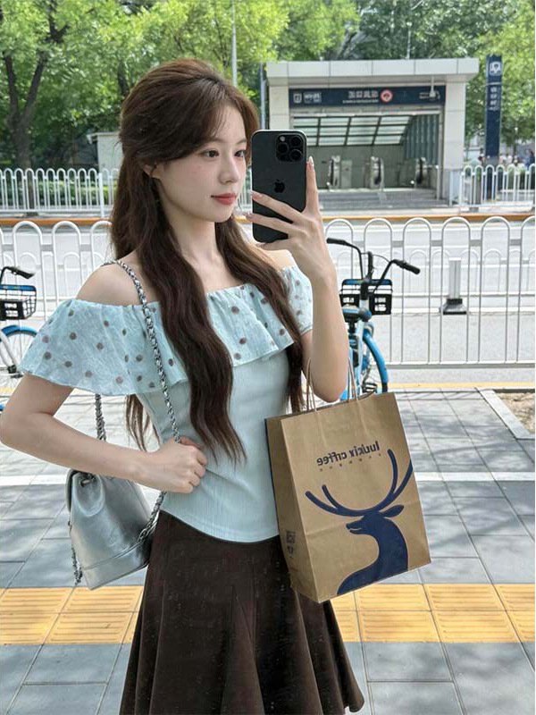 レディース ブラウス シャツ トップス 半袖 スリム 春夏 カジュアル 前開き 春 ショート 夏 フリル 切り替えデザイン オフショルダー グリーン Tシャツ ドット