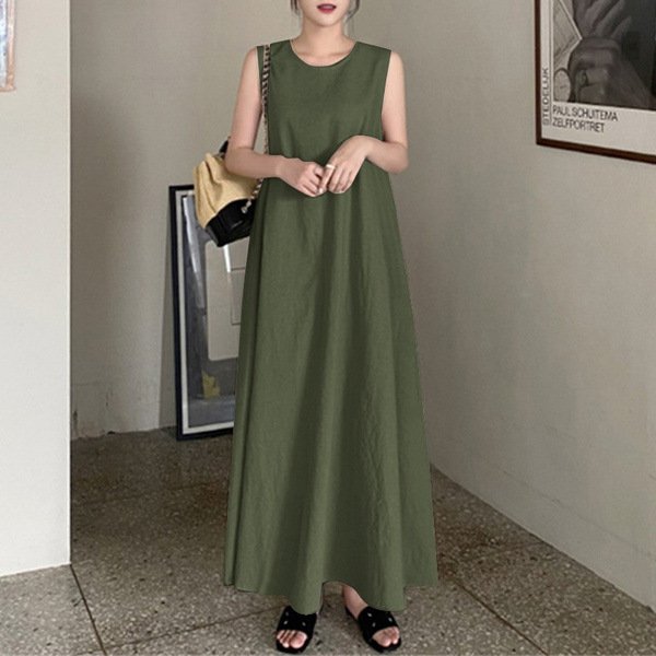 ワンピース ノースリーブ 無地 春夏 袖なし 春 夏 ラウンドネック シンプル ロング 上品 フレア 切り替えデザイン