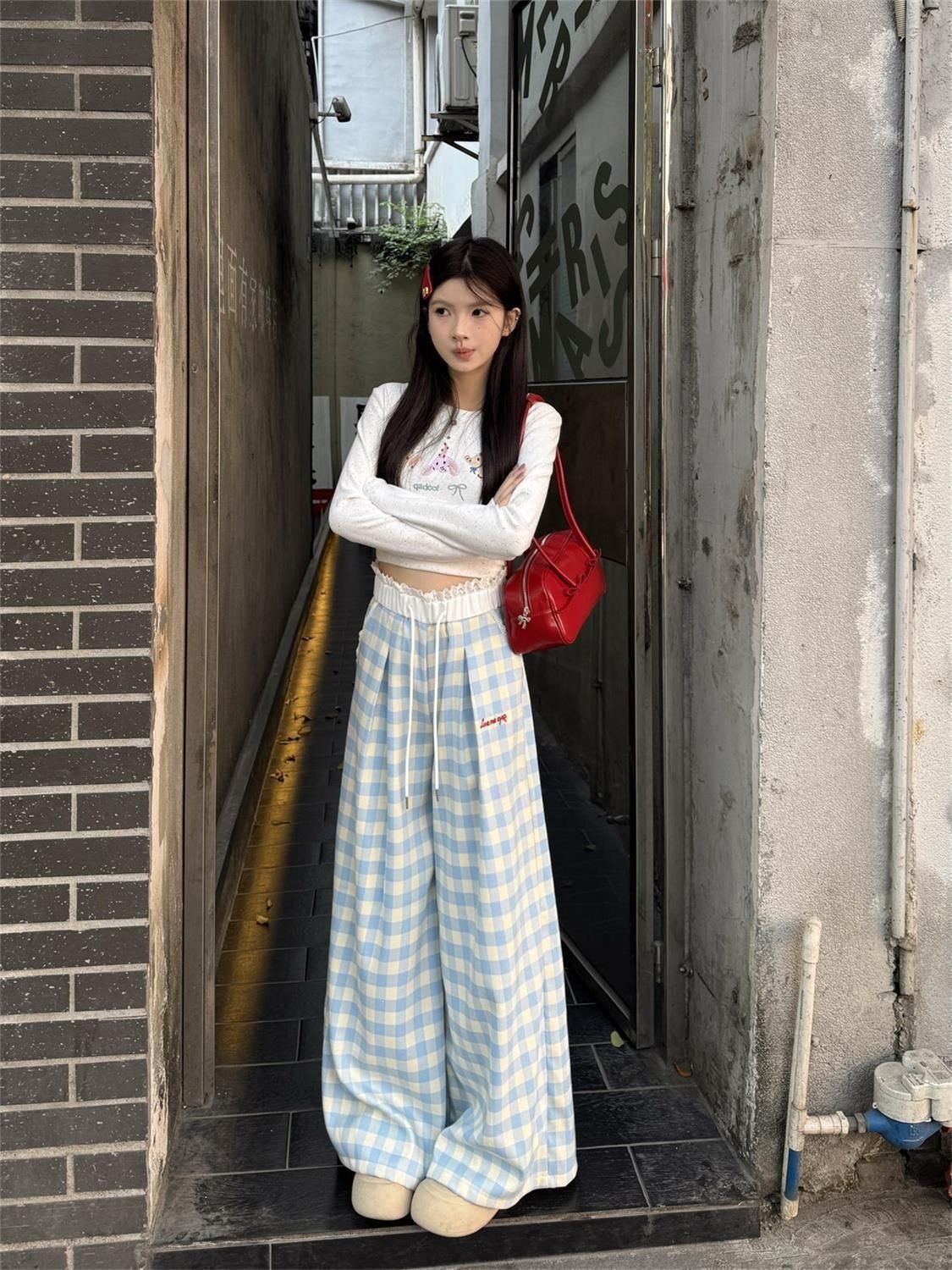 レディース パンツ チェック柄 ゆったり ワイド 春夏 カジュアル 春 夏 レース ロング ストレート ロングパンツ ワイドパンツ 薄手 切り替えデザイン ブルー ハイウエスト ポリエステル
