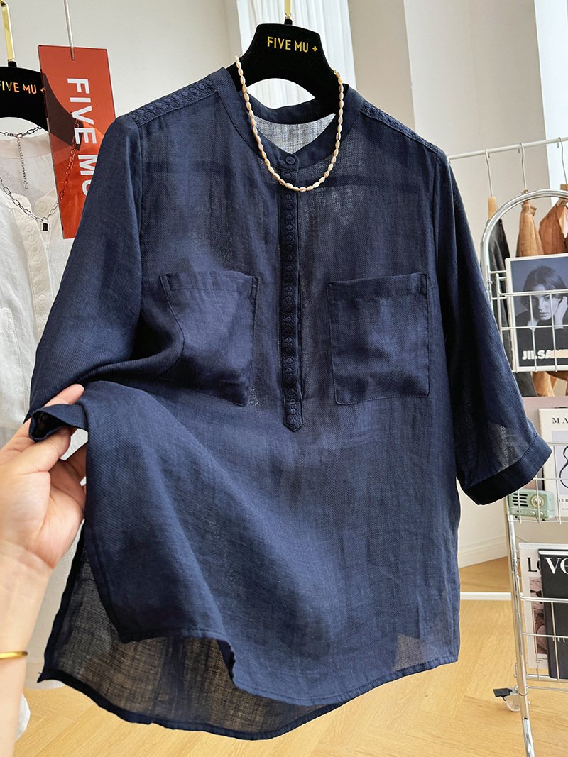 レディース ブラウス シャツ 麻 春夏 きれいめ 通勤 おしゃれ 前開き 春 夏 ラウンドネック タイト 刺繍 ハイネック 細身 薄手 プルオーバー スタンドカラー エレガント タイ 都会的 レギュラー ポリエステル 着痩せ