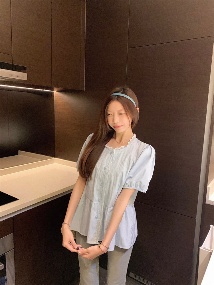 レディース シャツ 半袖 無地 春夏 レトロ 前開き 春 白 夏 ラウンドネック シンプル パフスリーブ レギュラー ポリエステル 白シャツ