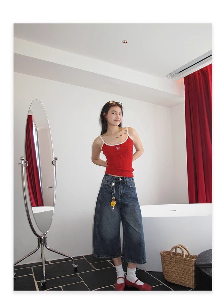 レディース パンツ ゆったり スリム コットン 綿 デニム 春夏 カジュアル アメリカン 春 夏 ストレート 切り替えデザイン デニムパンツ ハイウエスト ヴィンテージ ポリエステル