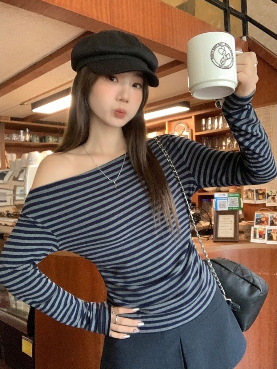 レディース トップス Tシャツ 長袖 ボーダー ストライプ チェック柄 スリム 秋冬 秋 きれいめ 通勤 オフィス 膝丈 タイト 冬 ブラック 細身 ロング グレー シャツ オフショルダー タイ ポリエステル 着痩せ
