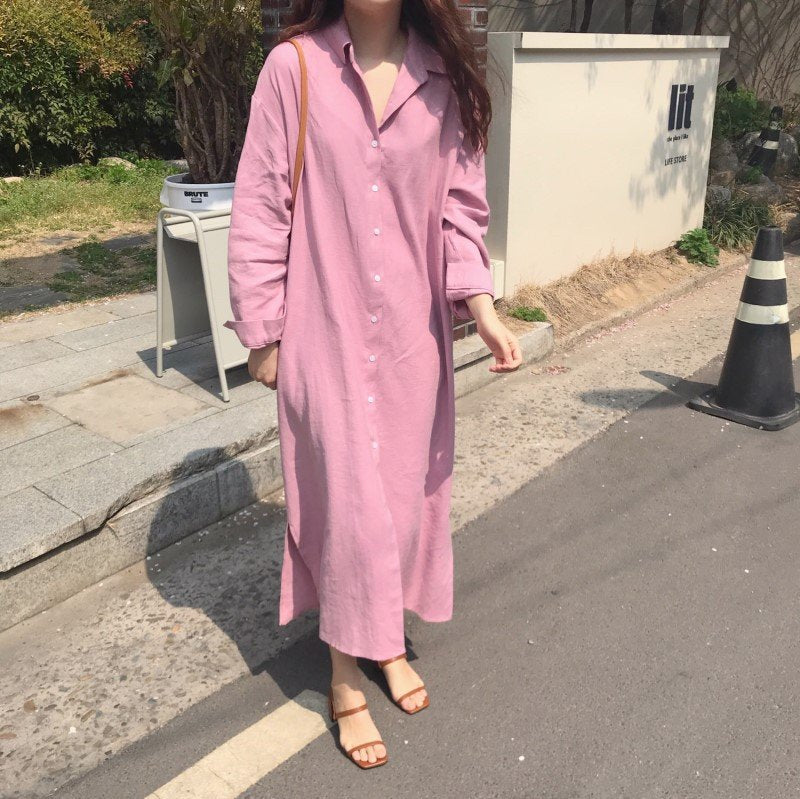 レディース ブラウス シャツ トップス 長袖 無地 ゆったり コットン 綿 麻 秋 体型カバー 韓国風 前開き シンプル ロング 切り替えデザイン 襟付き