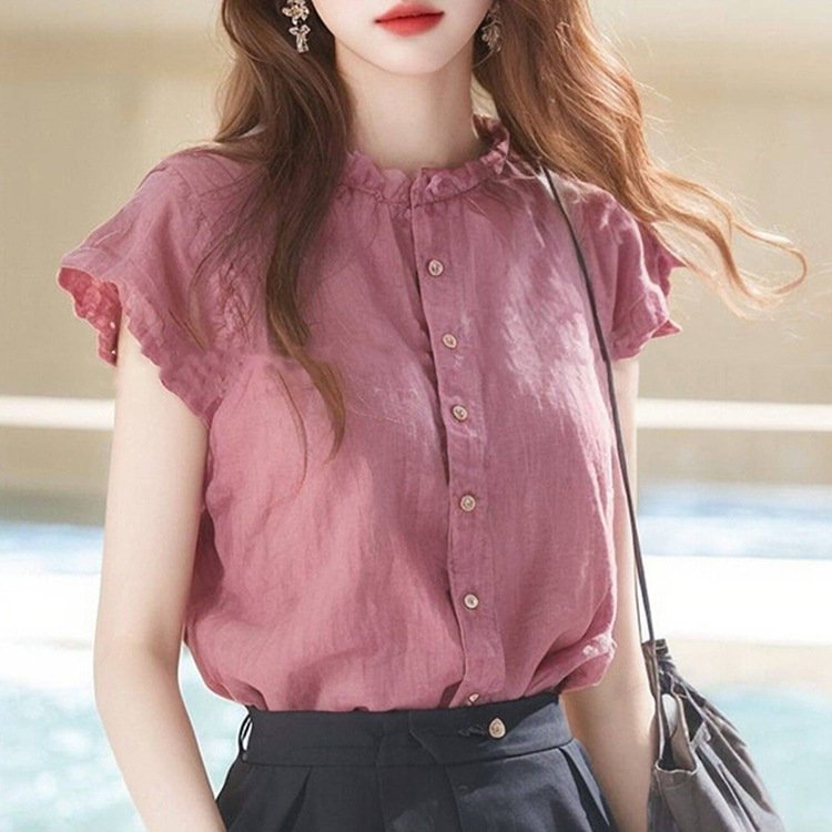 レディース シャツ 半袖 無地 リネン 春夏 きれいめ 前開き 春 夏 膝丈 シンプル 上品 個性的 スタンドカラー ポリエステル